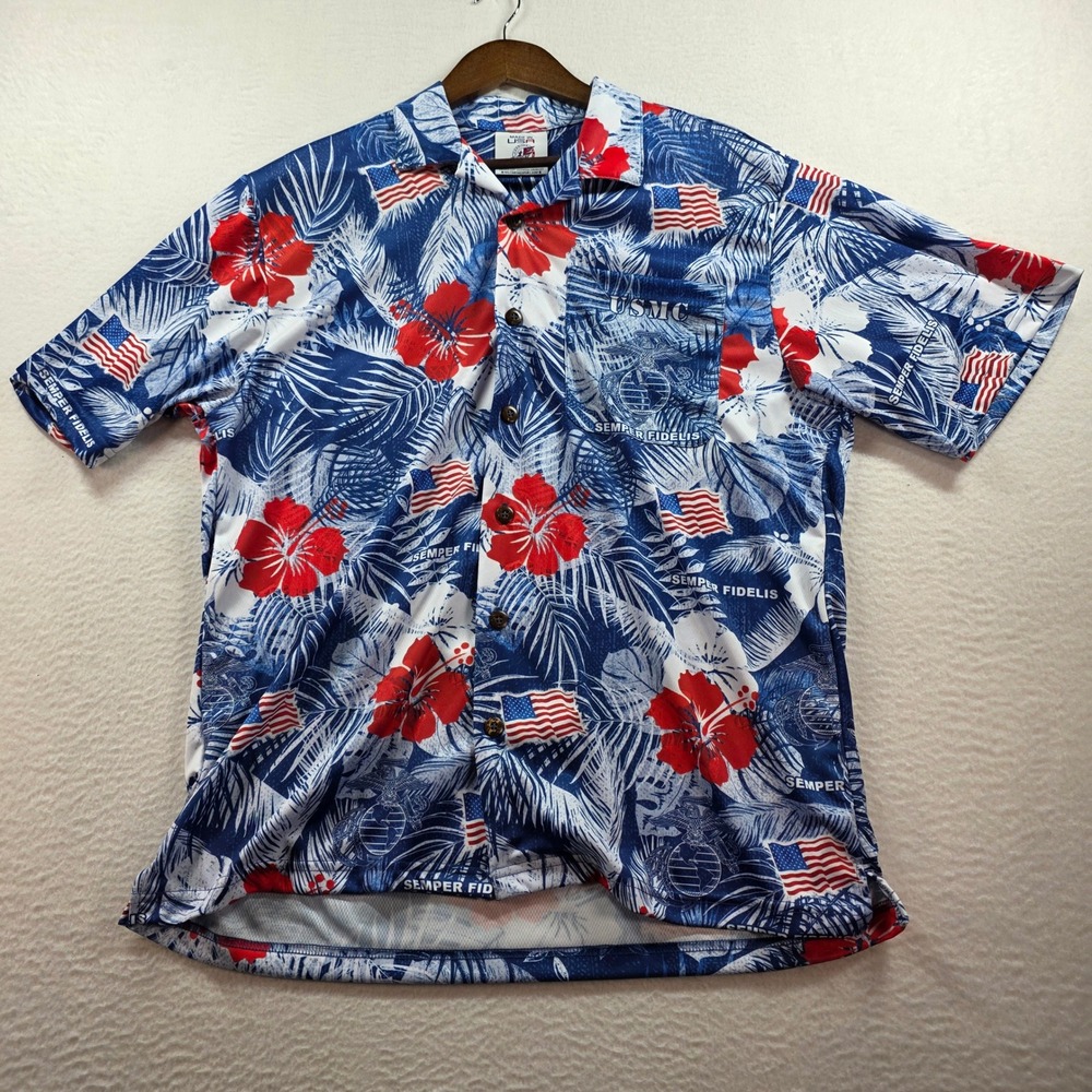 AE Sport US Marines Hawaiian Shirt Mens Medium NWT USMC Patriotic Floral Blue